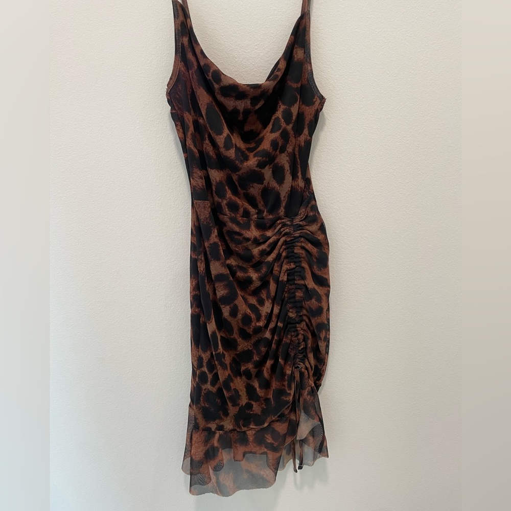 Brown Mesh Leopard Print Ruched Bodycon Dress